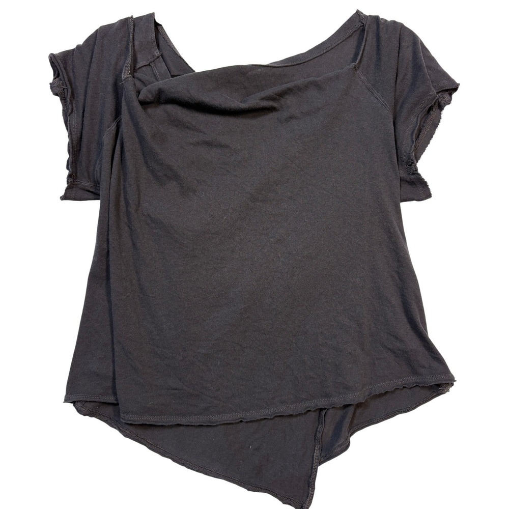 We The Free Free People Black Cotton Asymmetrical Draped Neck Raw Hem Top L